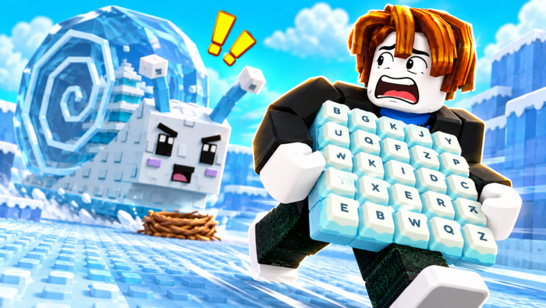 A Roblox character carrying an icy keyboard while a large ice creature follows in Steal ASMR